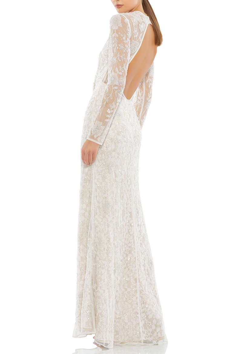 Beaded Lace Overlay Long Sleeve Mesh Sheath Gown, Alternate, color, WHITE