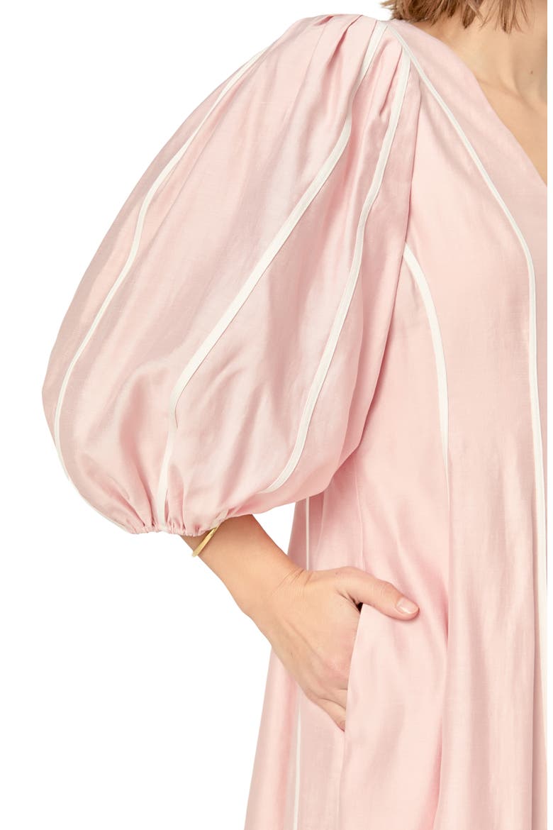 Contrast Binding Puff Shoulder Midi Dress, Alternate, color, PINK