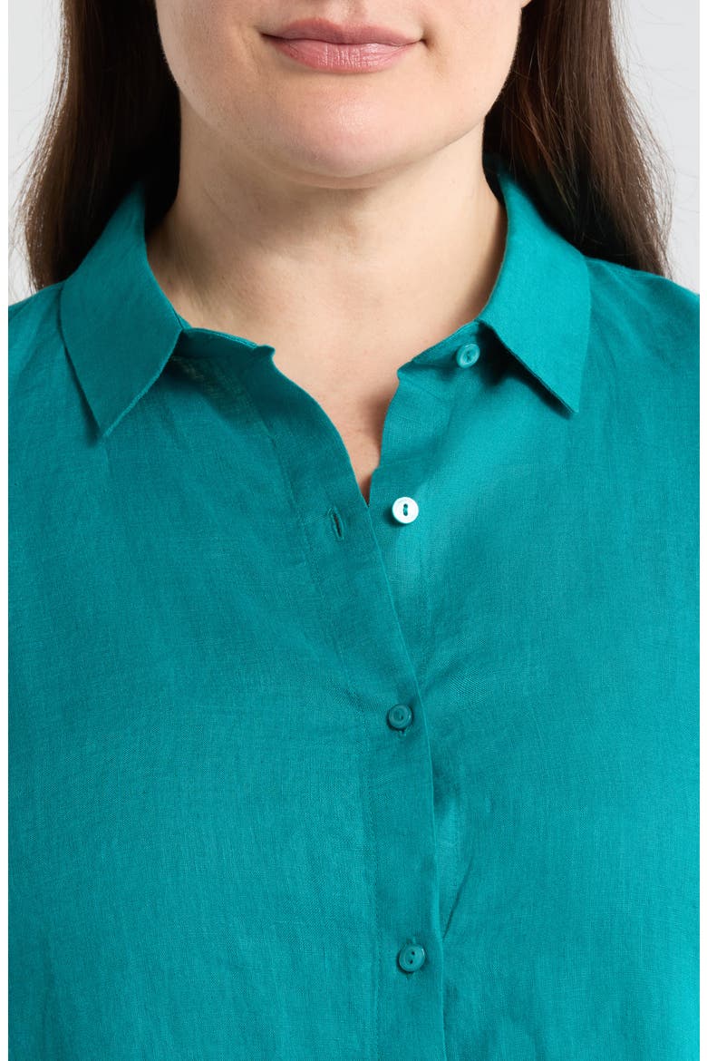 Classic Collar Organic Linen Long Button-Up Shirt, Alternate, color, TEAL