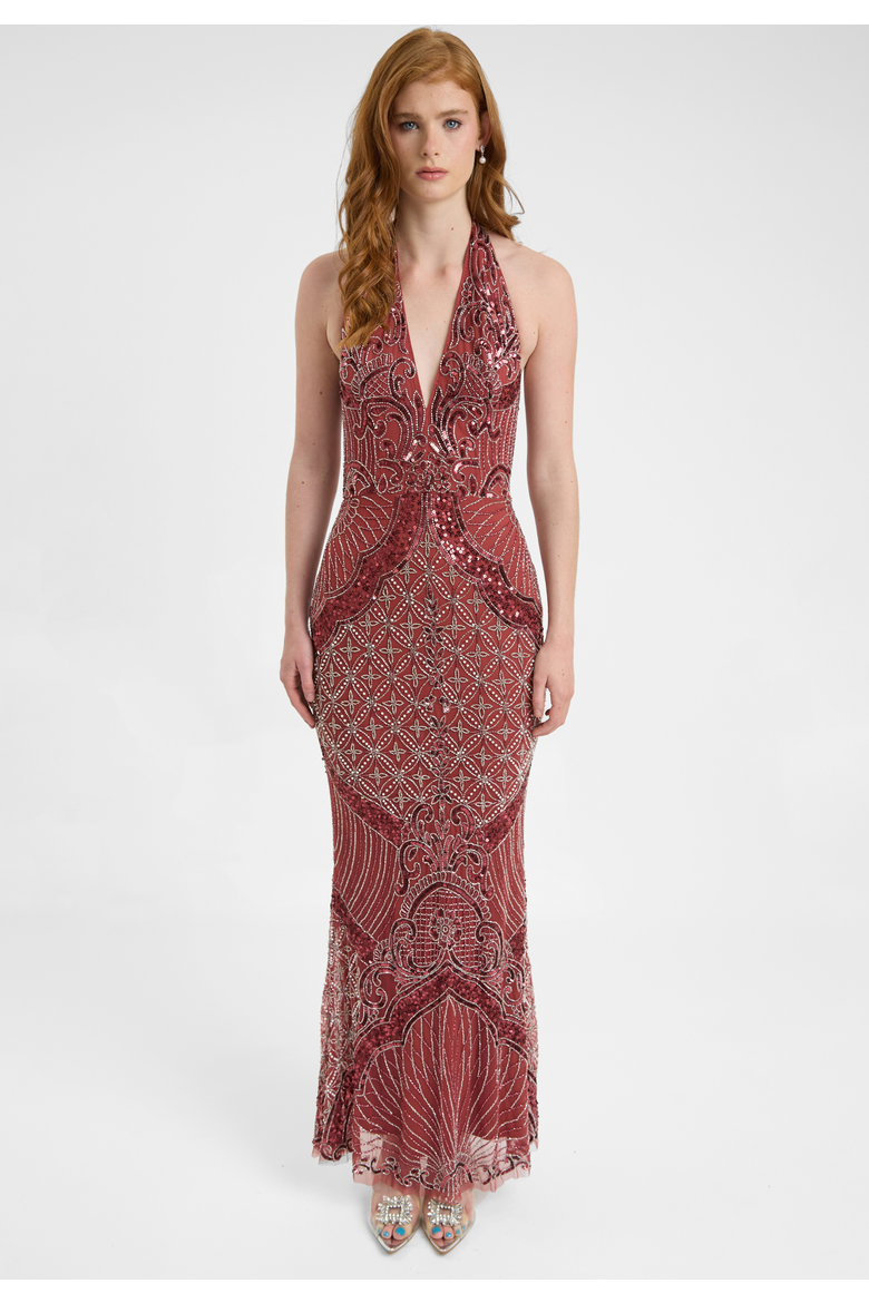 Embellished Sequin Beaded Maxi Dress With Halter Neckline And Deep V-Cut Front, Main, color, RUST