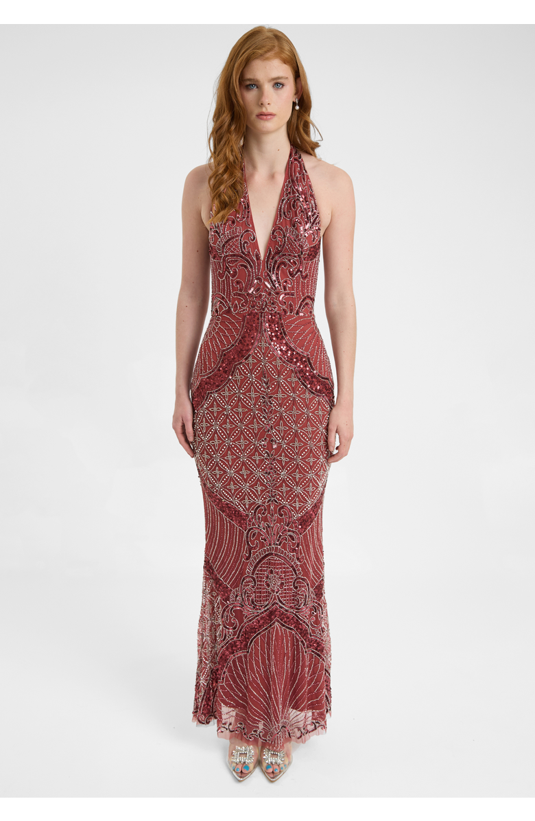 BEAUUT Embellished Sequin Beaded Maxi Dress With Halter Neckline And Deep V-Cut Front, Main, color, Rust