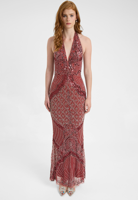 Embellished Sequin Beaded Maxi Dress With Halter Neckline And Deep V-Cut Front