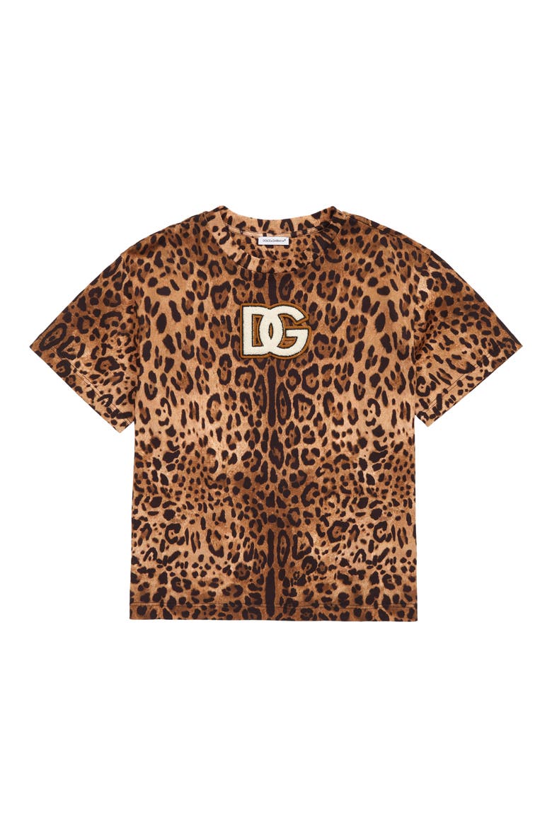 Kids' Logo Patch Leopard Print Cotton T-Shirt, Main, color, HK93M LEO FDO NOCCIOLA