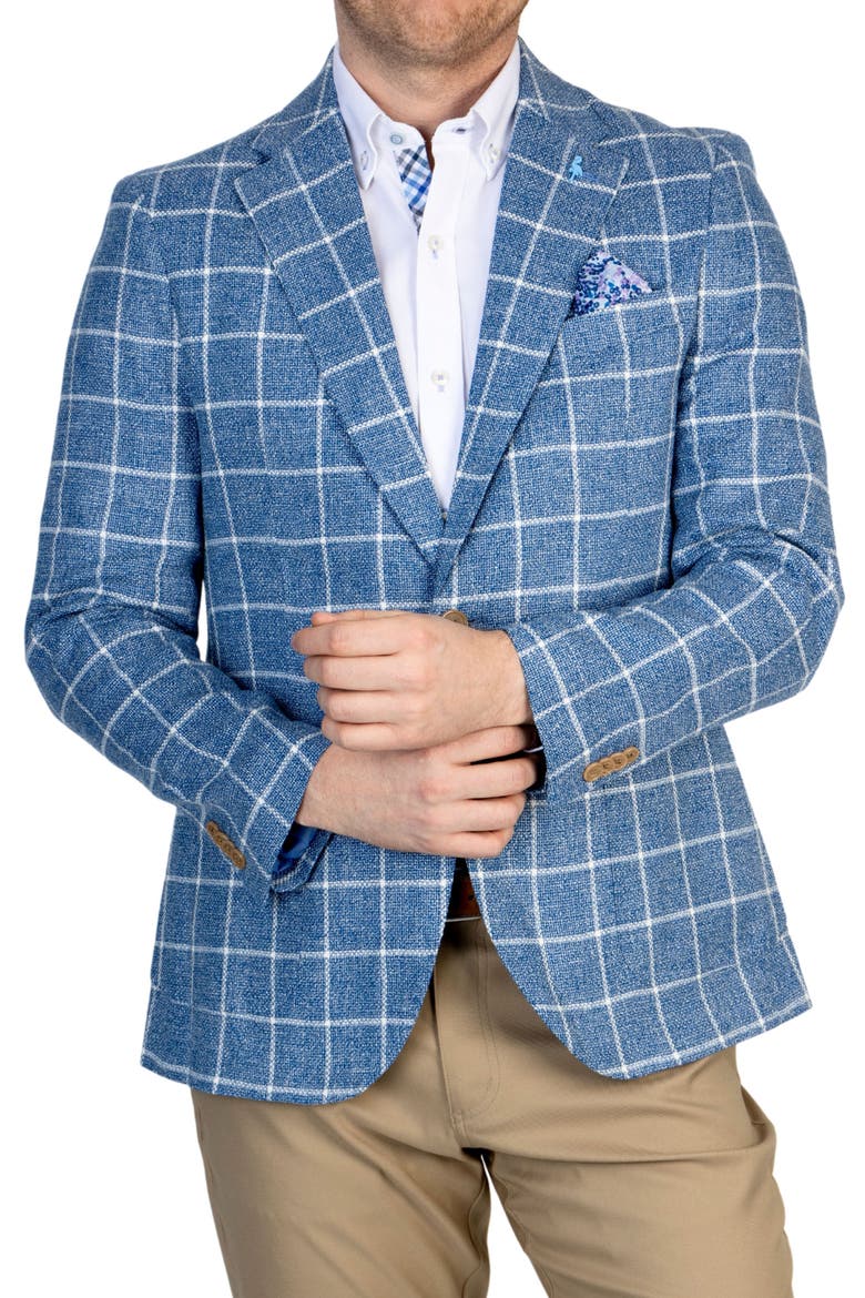 Blue Windowpane Notch Lapel Linen Blend Sport Coat, Alternate, color, PRUSSIAN BLUE