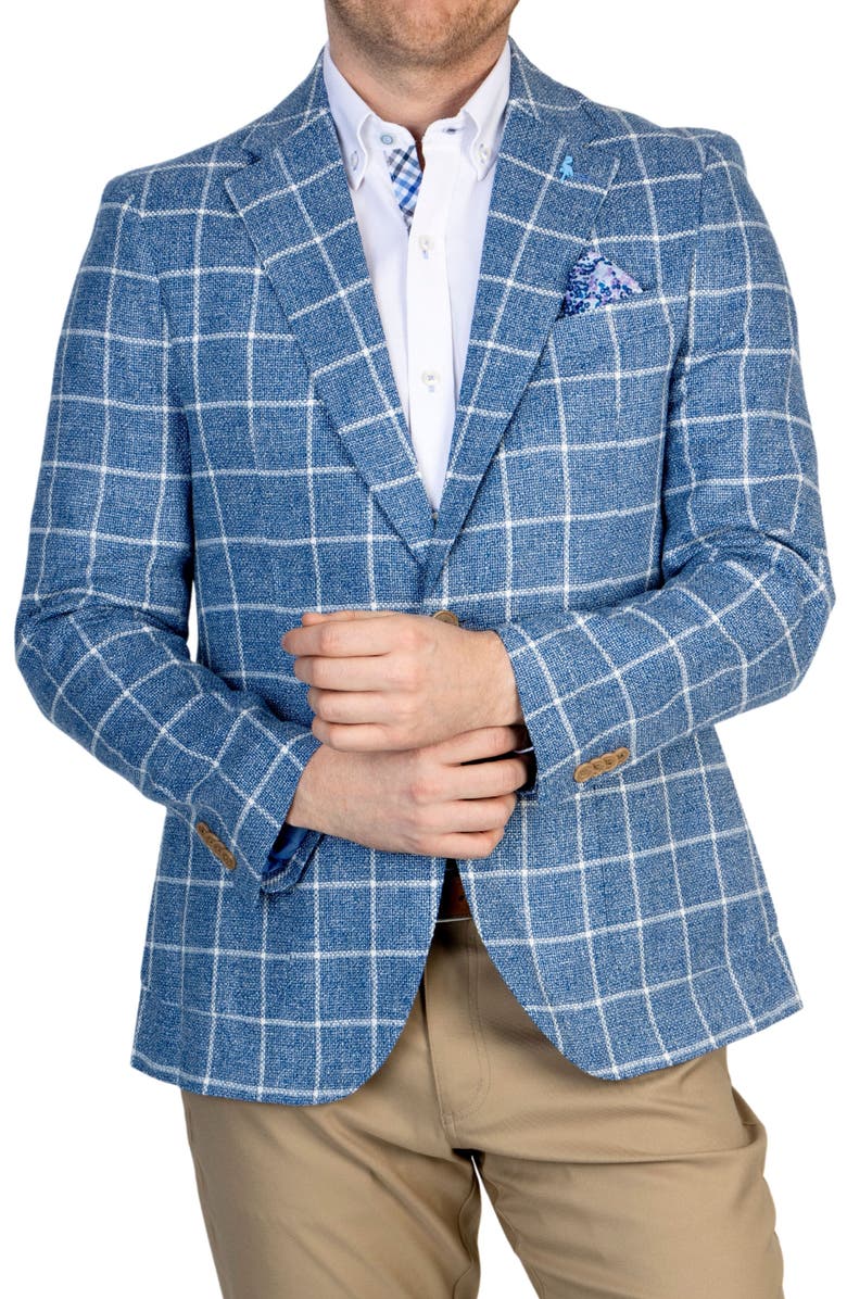 TailorByrd Blue Windowpane Notch Lapel Linen Blend Sport Coat, Alternate, color,