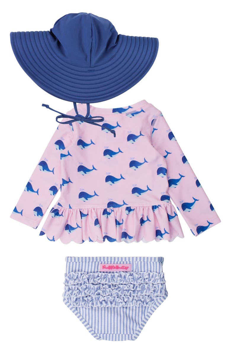 RuffleButts Pink Whale Friends 2-Piece Rashguard Swimsuit & Headband Set, Alternate, color, Pink