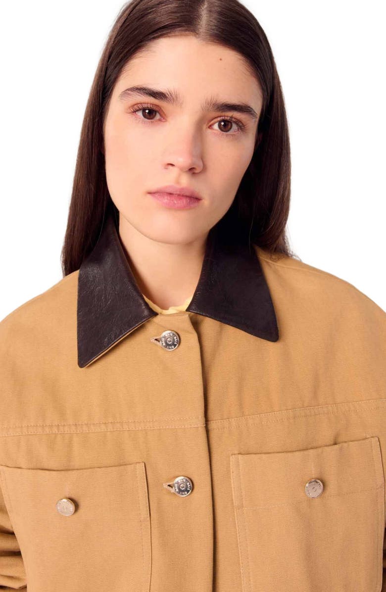 maje Cotton coat with leather collar, Alternate, color, 