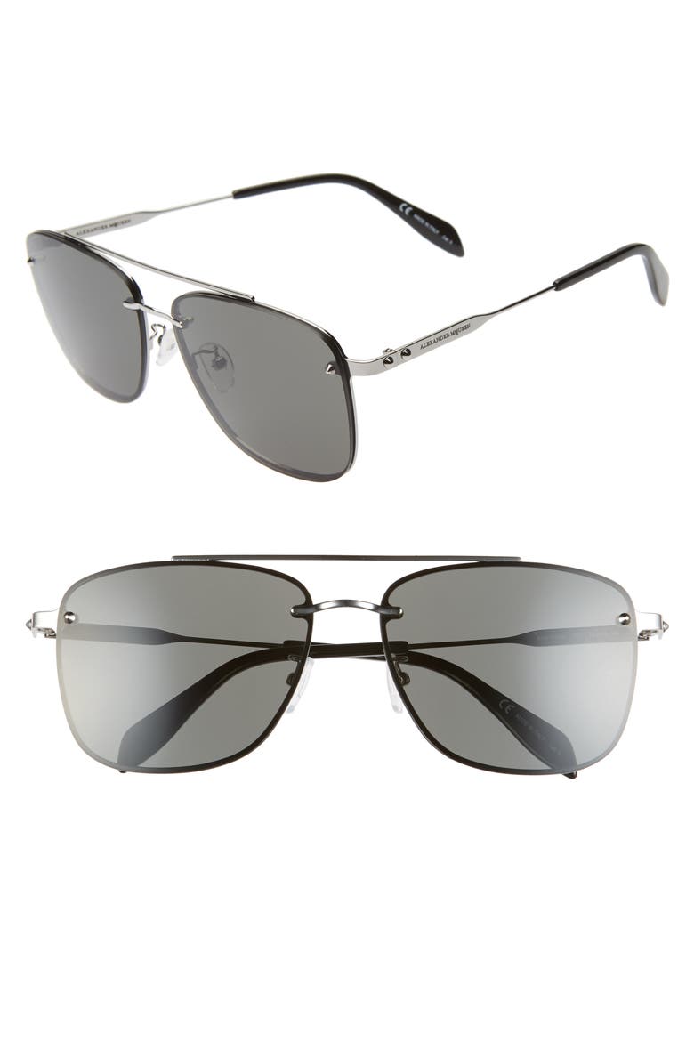 Alexander McQueen 62mm Oversize Navigator Sunglasses, Main, color, LIGHT RUTHENIUM