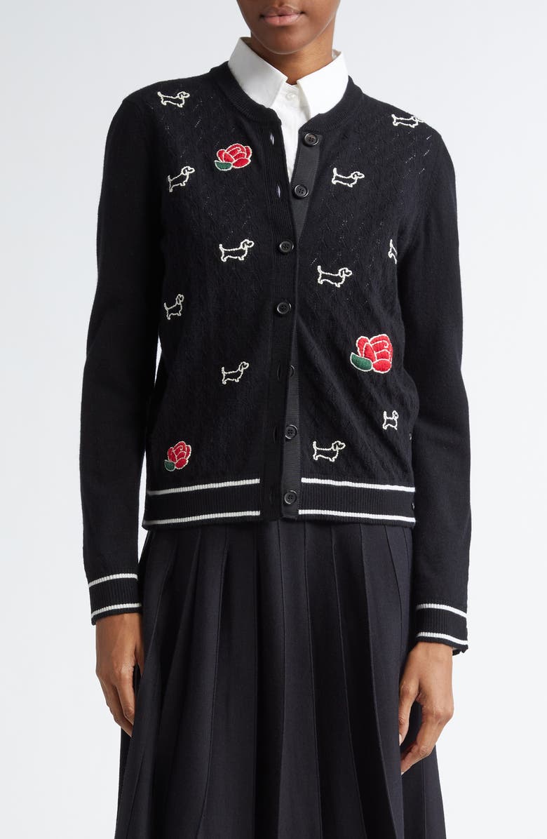 Thom Browne Embroidered Hector & Rose Virgin Wool Crewneck Cardigan, Main, color, 