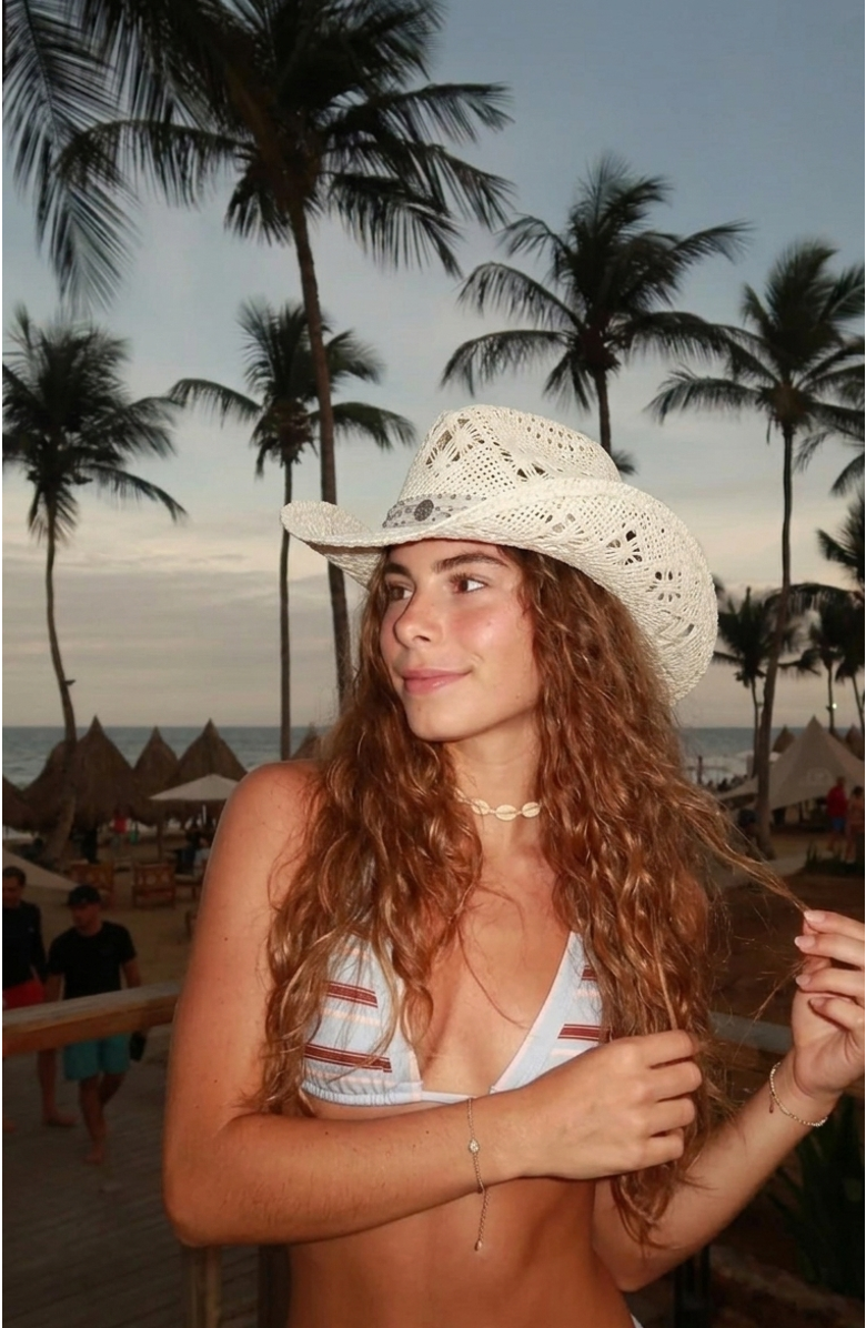 Manela Twister Annie  Handwoven Straw Sun Hat - Bohemian Summer Cowboy Hat, Alternate, color, White  / Gray