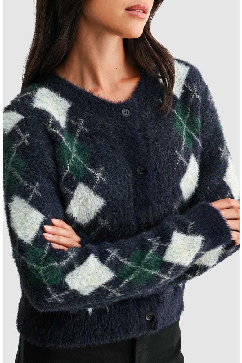 Argyle Fuzzy Cardigan, Alternate, color, NAVY GREEN CREAM