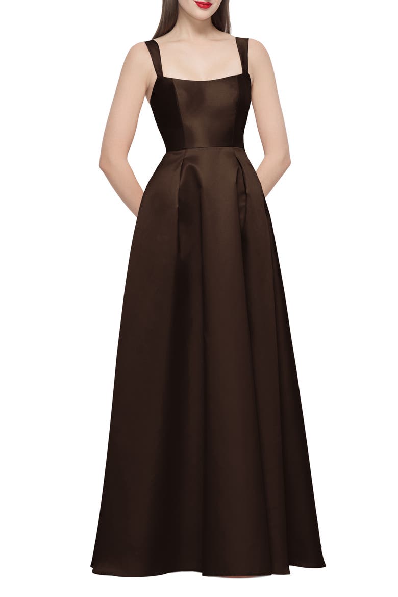Lyssa Sleeveless Matte Satin Gown, Main, color, ESPRESSO