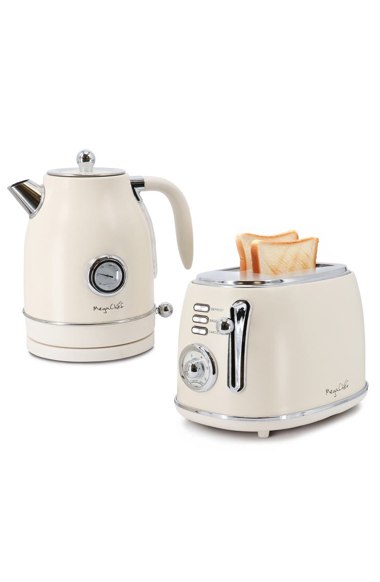 Megachef Electric Tea Kettle and 2 Slice Toaster Combo, Main, color, Cream