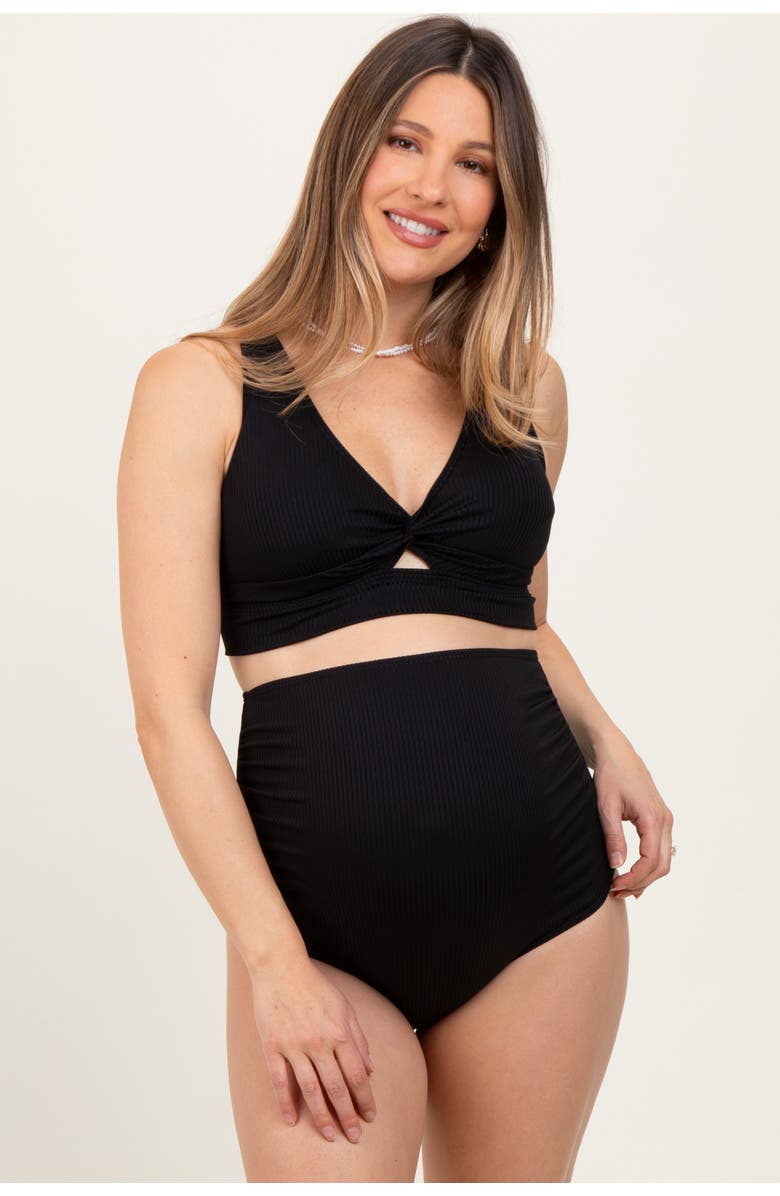 PinkBlush Ribbed Twist Cutout Front Swim Set, Main, color, Black
