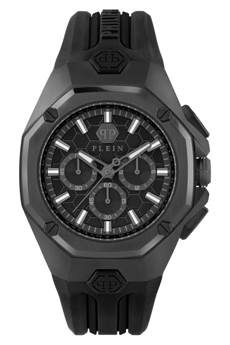 Octagon Silicone Strap Chronograph Watch, 44mm, Main, color, BLACK