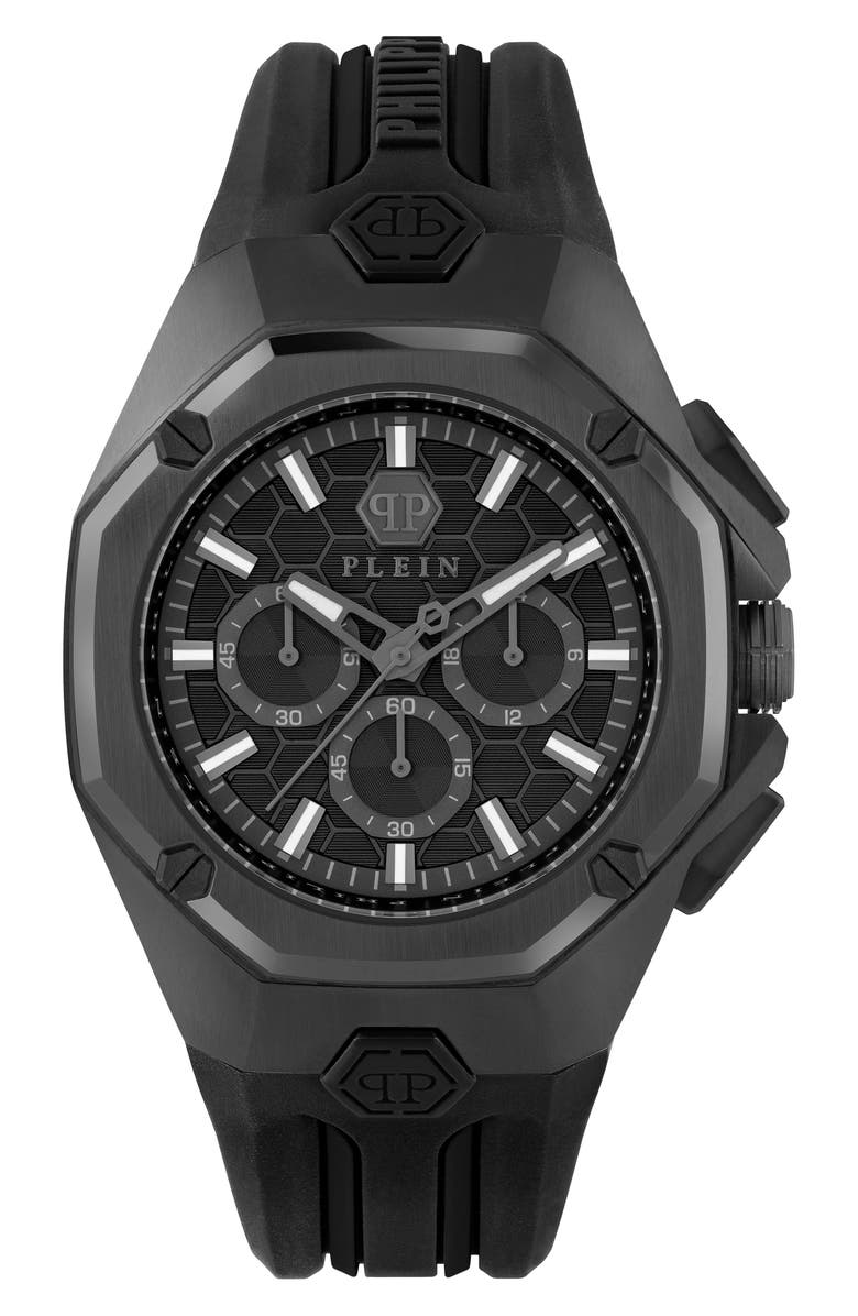 PHILIPP PLEIN Octagon Silicone Strap Chronograph Watch, 44mm, Main, color, Ip Black