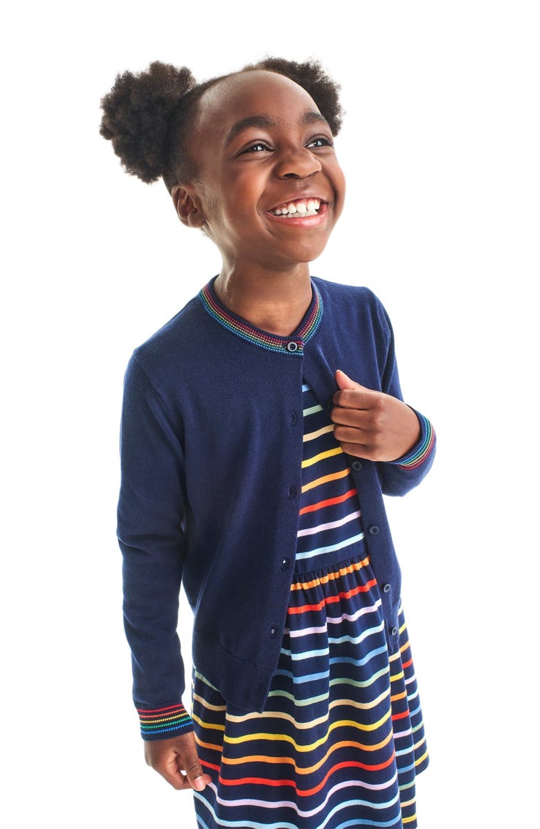 Primary Kids Long Sleeve Perfect Pocket Dress In Rainbow Stripe, Alternate, color, Navy/Rainbow Stripe