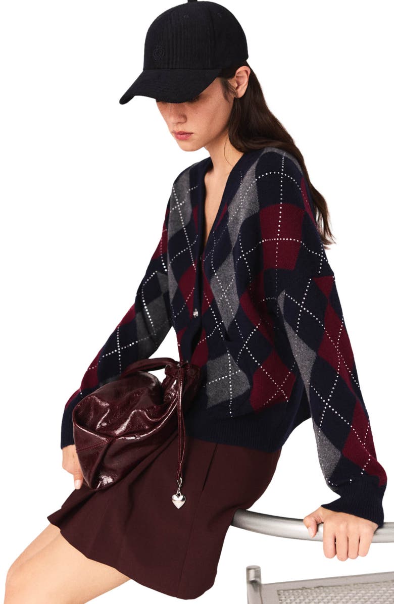 maje Cropped argyle pattern cardigan, Alternate, color, Navy