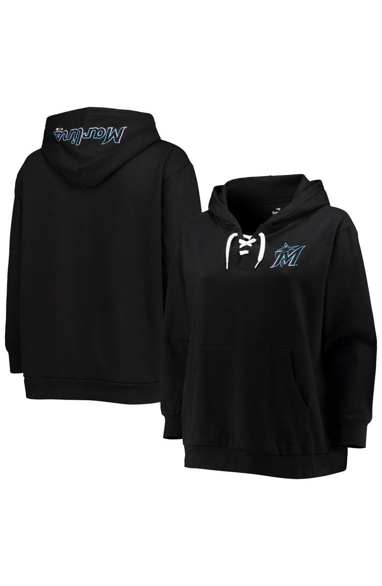 PROFILE Women's Black Miami Marlins Plus Size Lace-Up V-Neck Pullover Hoodie, Main, color, Black