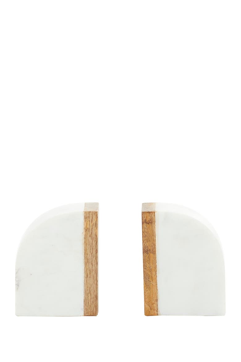 White Marble Bookend with Wood Detail - Set of 2, Alternate, color, WHITE