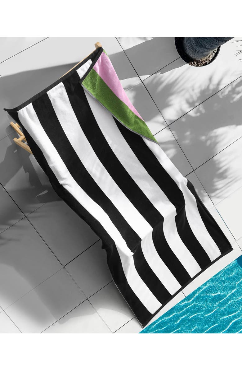 Juicy Couture Stripe Cotton Beach Towel, Alternate, color, Black/White To Pink/Green