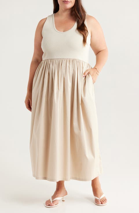 Mixed Media Stretch Cotton Tank Maxi Dress (Plus)