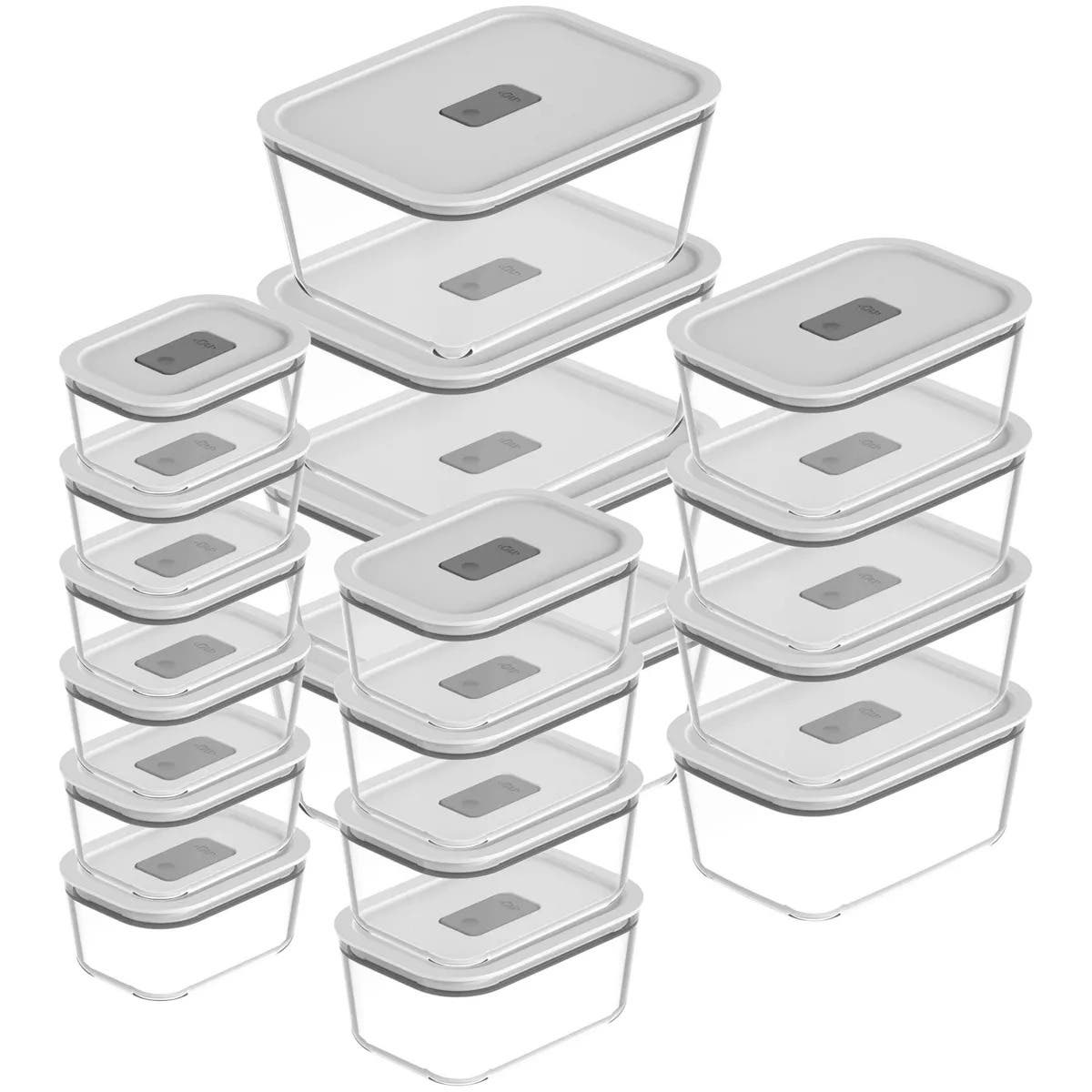 OU Stackable Airtight Glass Food Storage Container Set with Microwave Valve and Leak Proof Lid, 36 Piece - Clear With White Lid
