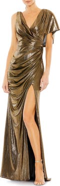 Ieena for Mac Duggal Women's Asymmetrical Draped Metallic Trumpet Gown