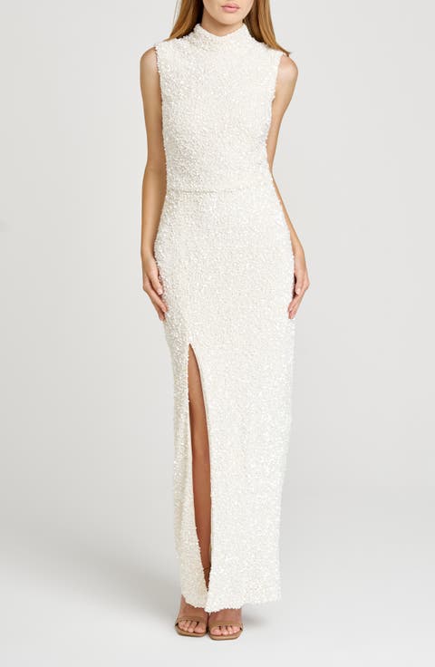 Ivy Sequin Embellished Mock Neck Evening Dress