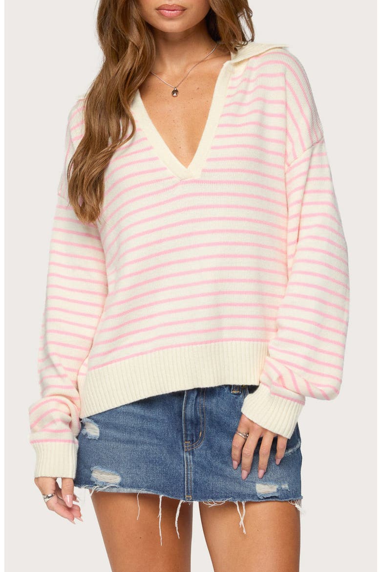 Copenhagen Oversized Striped V-Neck Sweater, Main, color, CREAM-AND-PINK