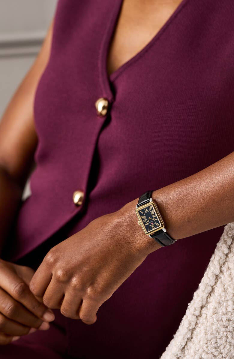 MICHELE Deco Park Two-Tone Leather Strap Watch, 23mm x 29mm, Alternate, color, Black/ Two Tone