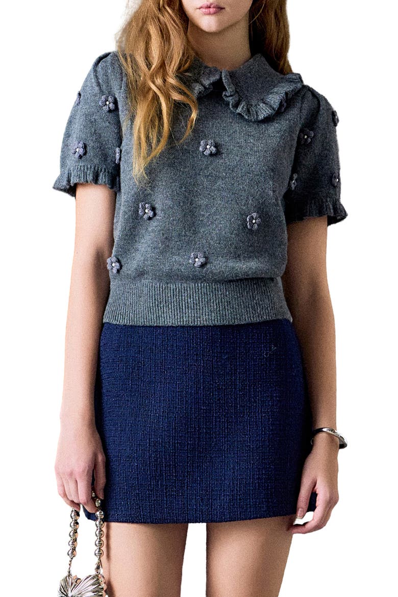 Pearl Bead Floral Short Sleeve Sweater, Main, color, HEATHER GREY