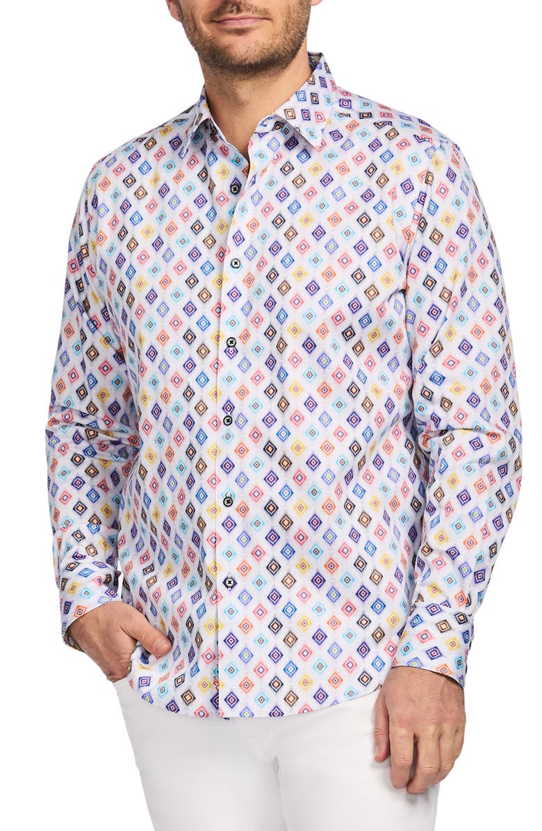 Robert Graham Peterman Geo Print Cotton Dress Shirt, Main, color, White