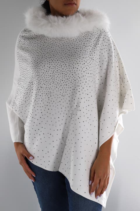Embellished Poncho with Faux Fur Collar