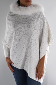 La Fiorentina Embellished Poncho with Faux Fur Collar