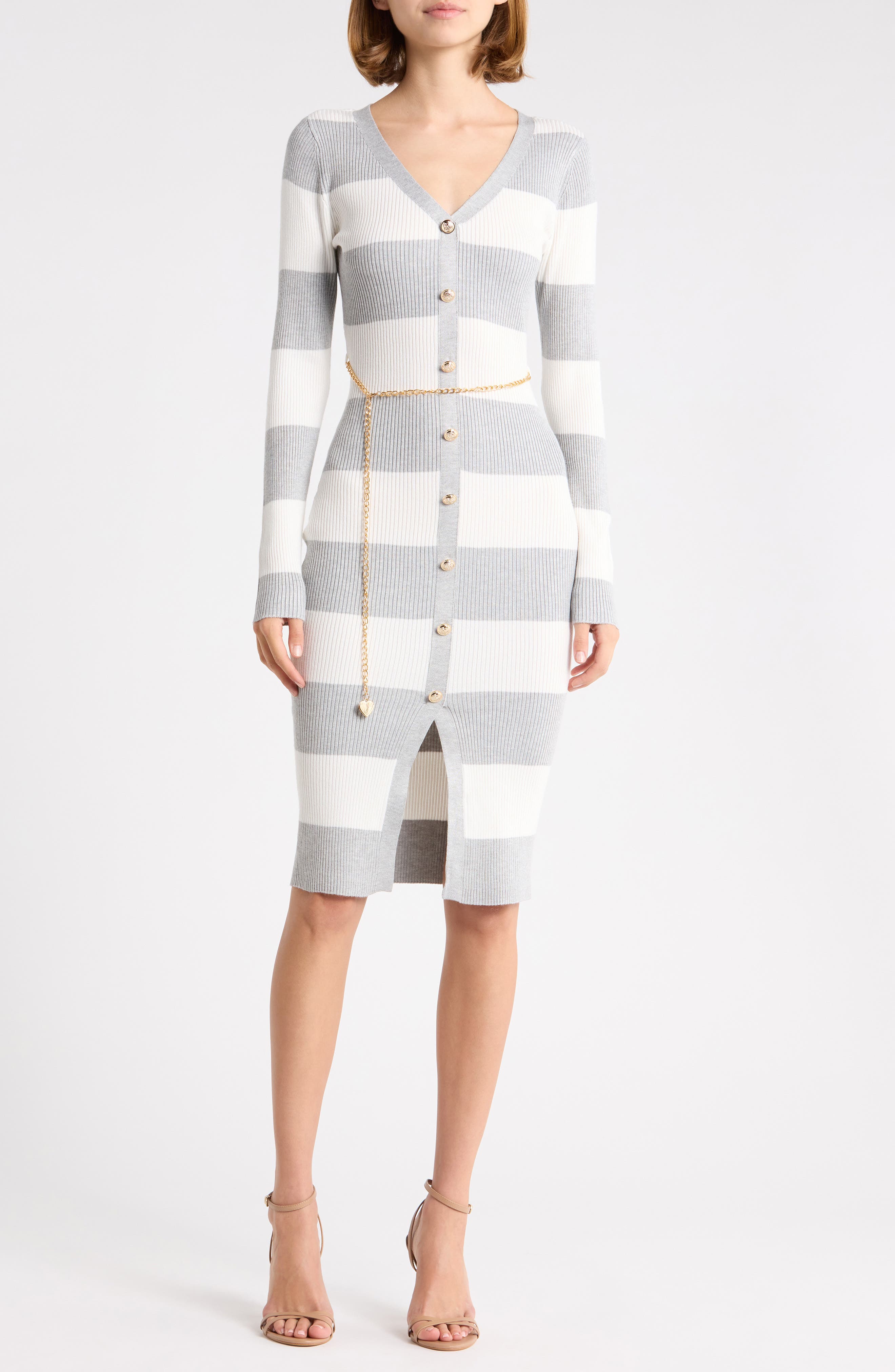 Striped V-Neck Button Front Sweater Dress