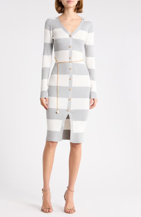 Striped V-Neck Button Front Sweater Dress