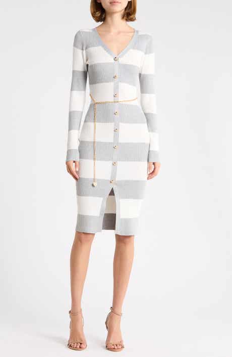 Striped V-Neck Button Front Sweater Dress