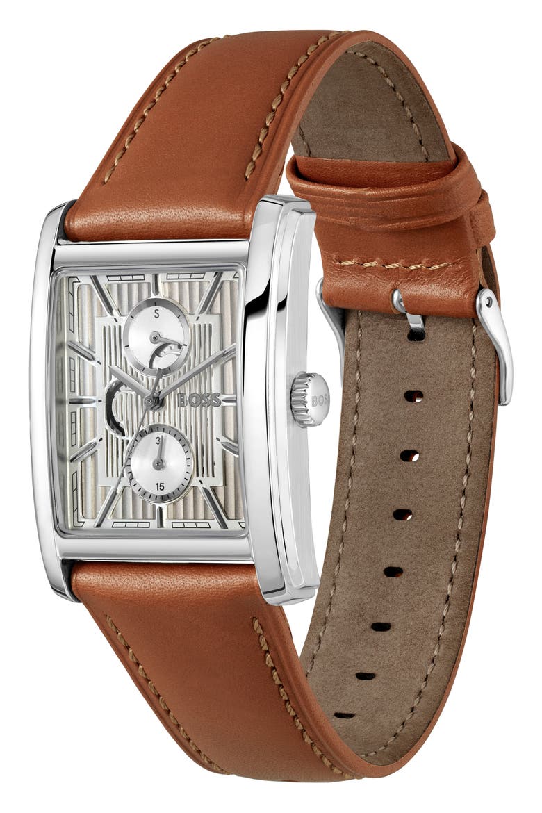 Principle Dress Multifunction Tank Leather Strap Watch, 30.5mm x 42mm, Alternate, color, SILVER