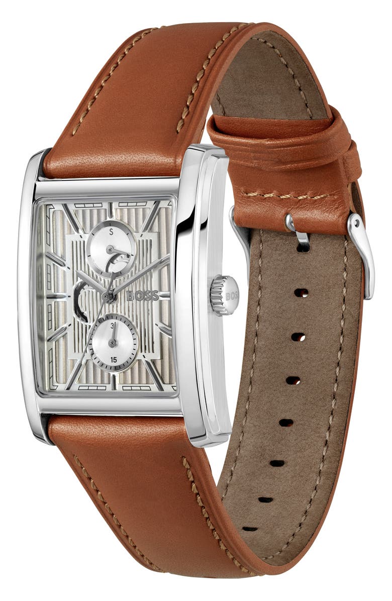 BOSS Principle Dress Multifunction Tank Leather Strap Watch, 30.5mm x 42mm, Alternate, color, Silver