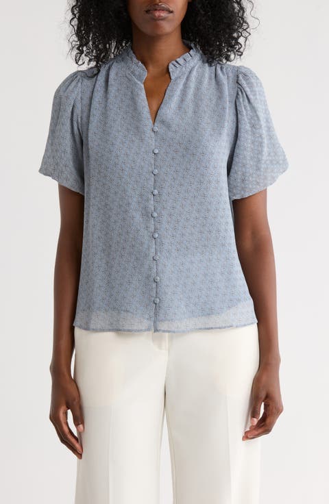 Bubble Sleeve Covered Button-Up Top