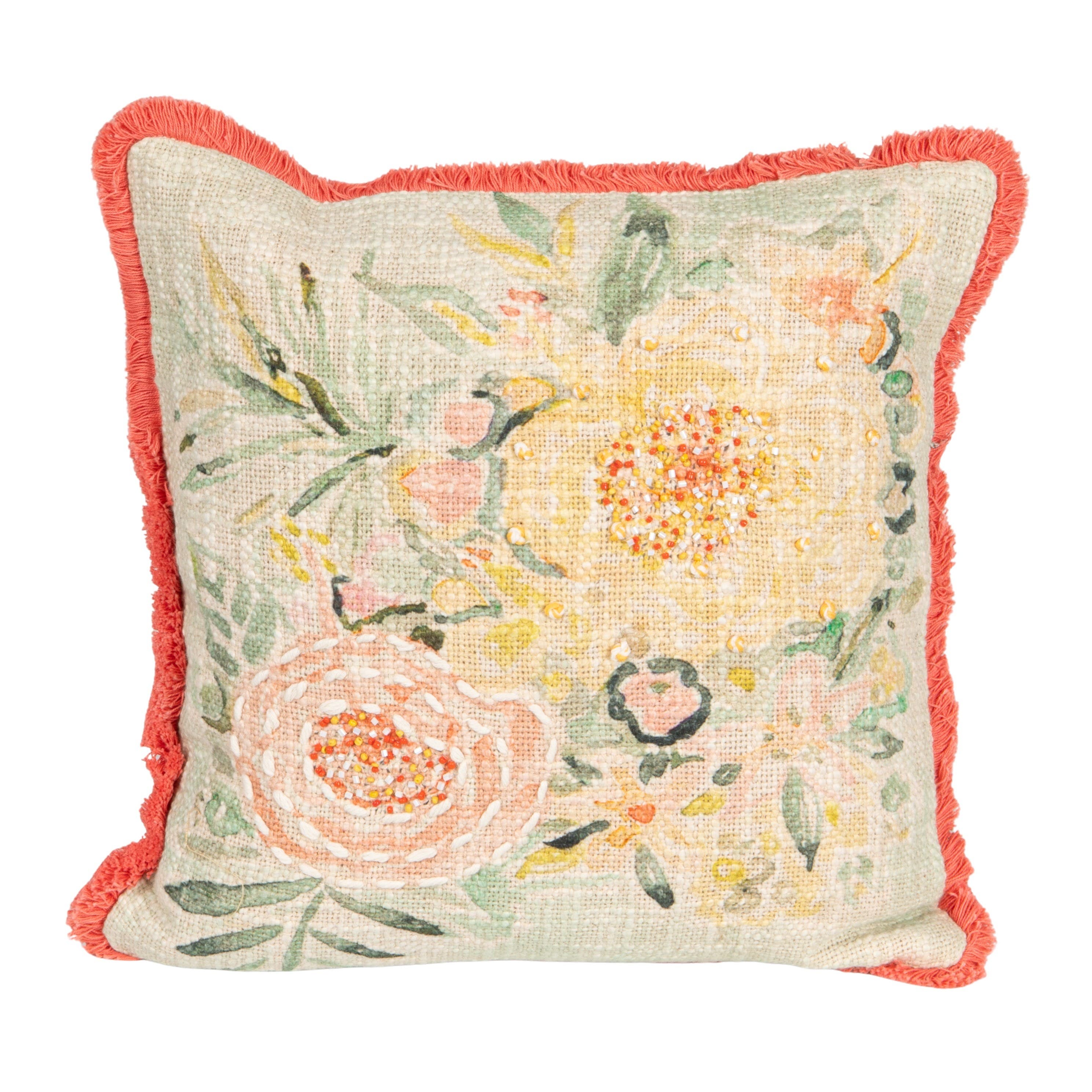 Storied Home Cotton Slub Pillow With Flowers, Embroidery And Eyelash Fringe, Multi Color In White