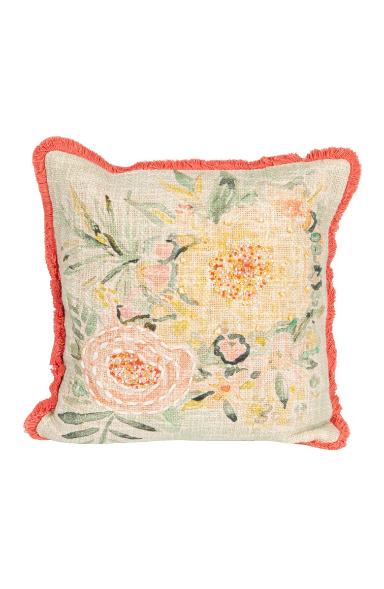 Storied Home Cotton Slub Pillow with Flowers, Embroidery and Eyelash Fringe, Multi Color, Main, color, White