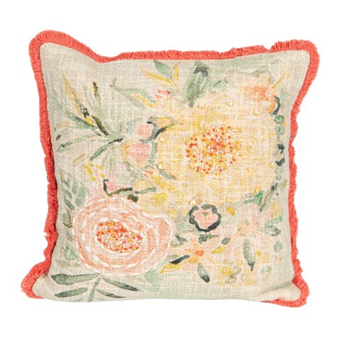 Cotton Slub Pillow with Flowers, Embroidery and Eyelash Fringe, Multi Color