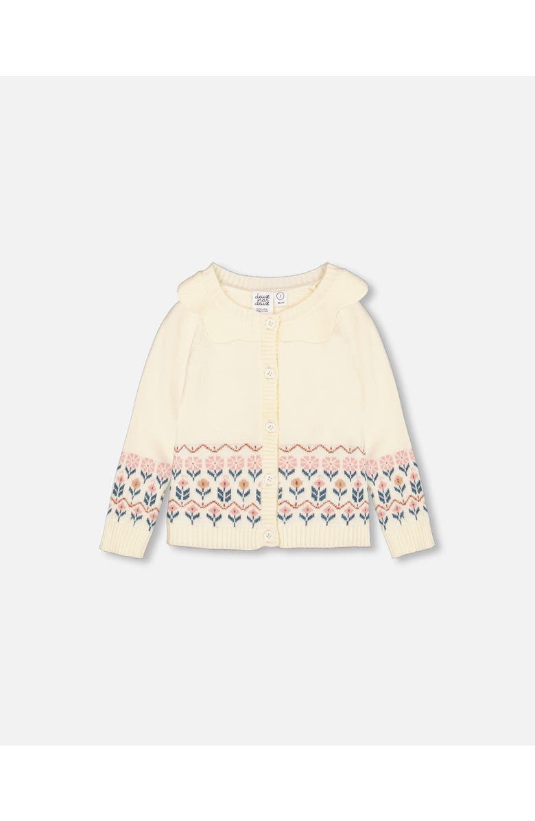 Deux par Deux Baby Girl's Jacquard Knit Cardigan Off White With Flowers, Main, color,