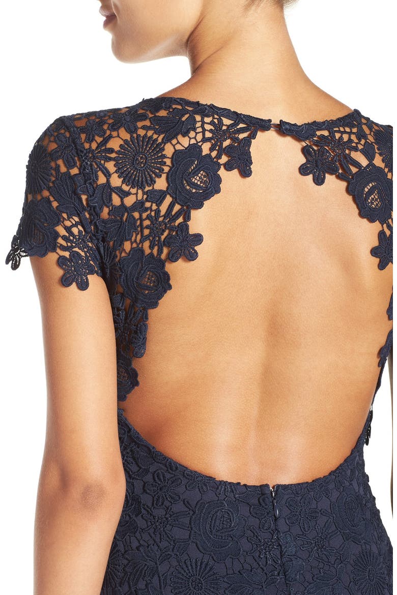 Lulu's Open Back Cap Sleeve Lace Mermaid Gown, Alternate, color, NAVY