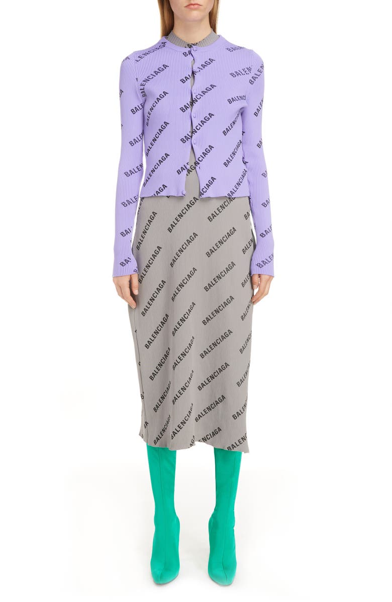 Balenciaga Logo Print Rib Knit Cardigan, Alternate, color, 