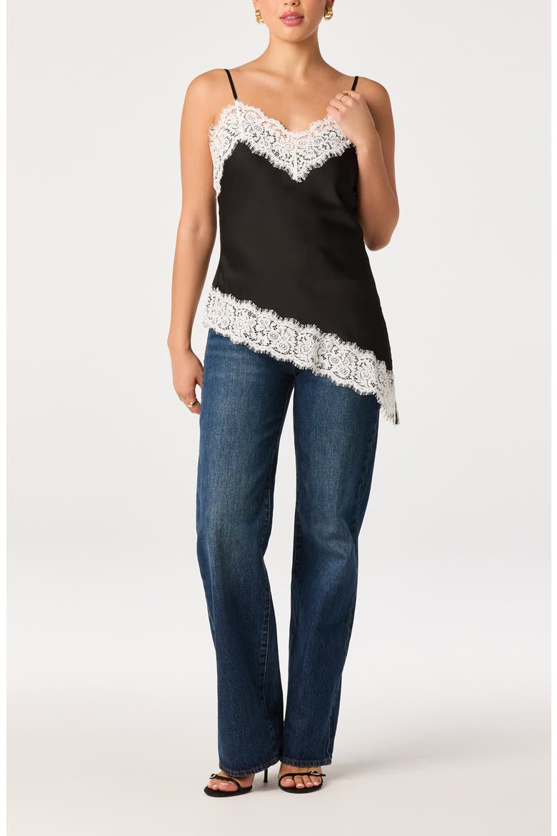 Analise Lace Trim Asymmetric Satin Camisole, Alternate, color, BLACK