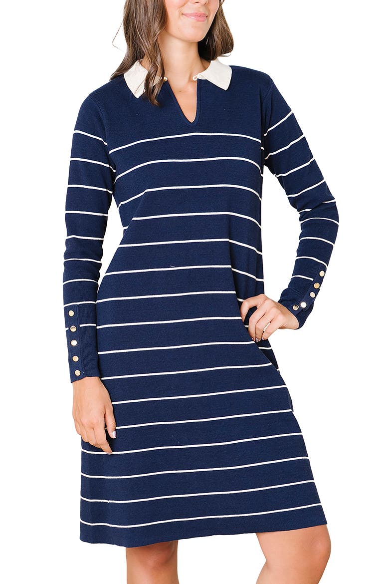 Organic Long Sleeve Collared Sweater Dress, Main, color, Navy Breton Stripe