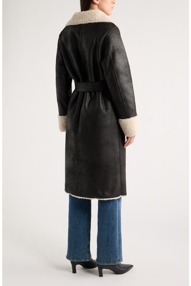 Belted Faux Shearling Coat, Alternate, color, BLACKCREAM